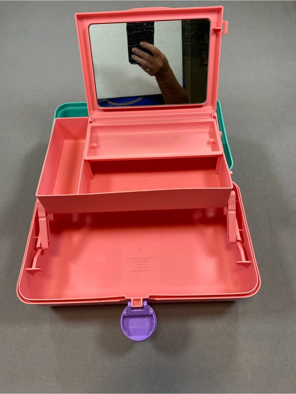 Vintage Caboodles Pink and Teal Makeup Case with Purple handle.